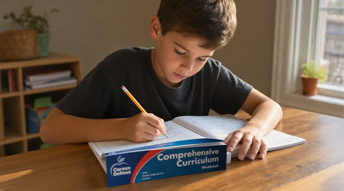 Child writing in a comprehensive curriculum workbook at a wood desk, pencil in hand, focused expression