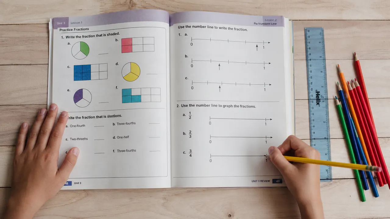 Flat lay of a curriculum workbook open to a math fractions page alongside a ruler and colored pencils
