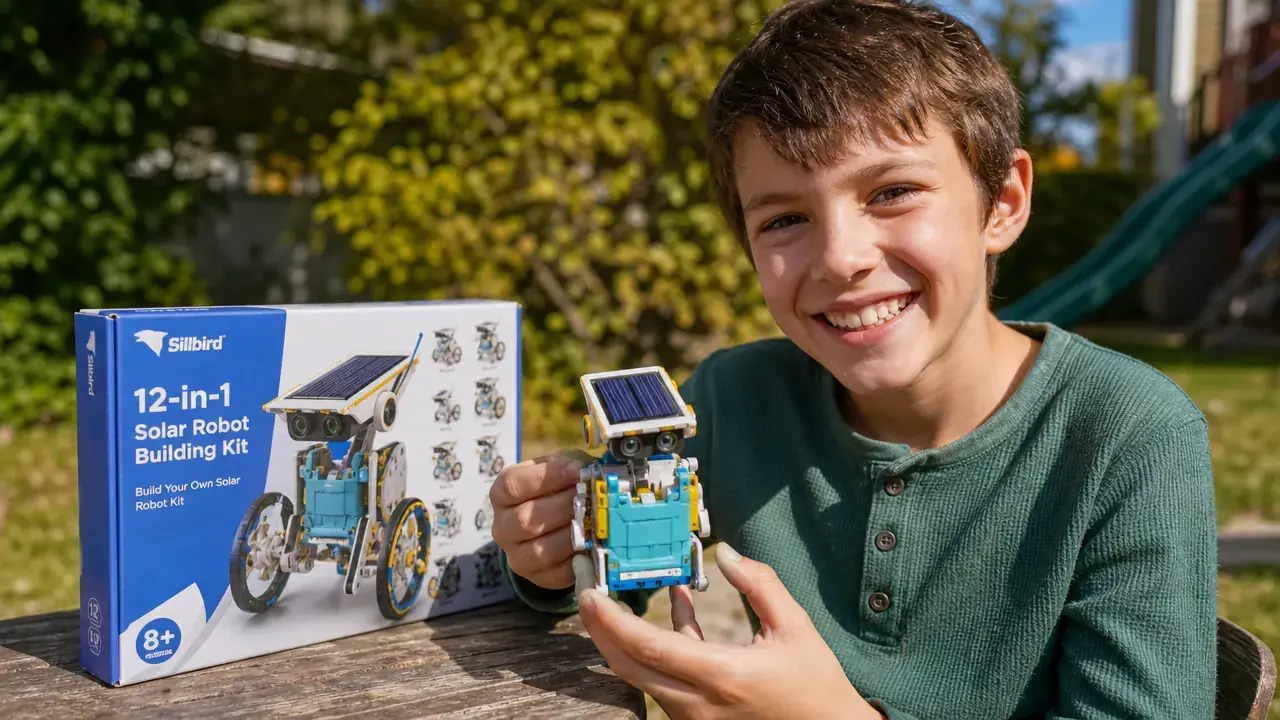 A child holding the completed Sillbird solar robot kit outdoors in sunlight