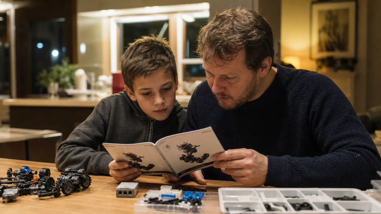 A parent and child reading the instruction booklet for a STEM robot kit at a kitchen table