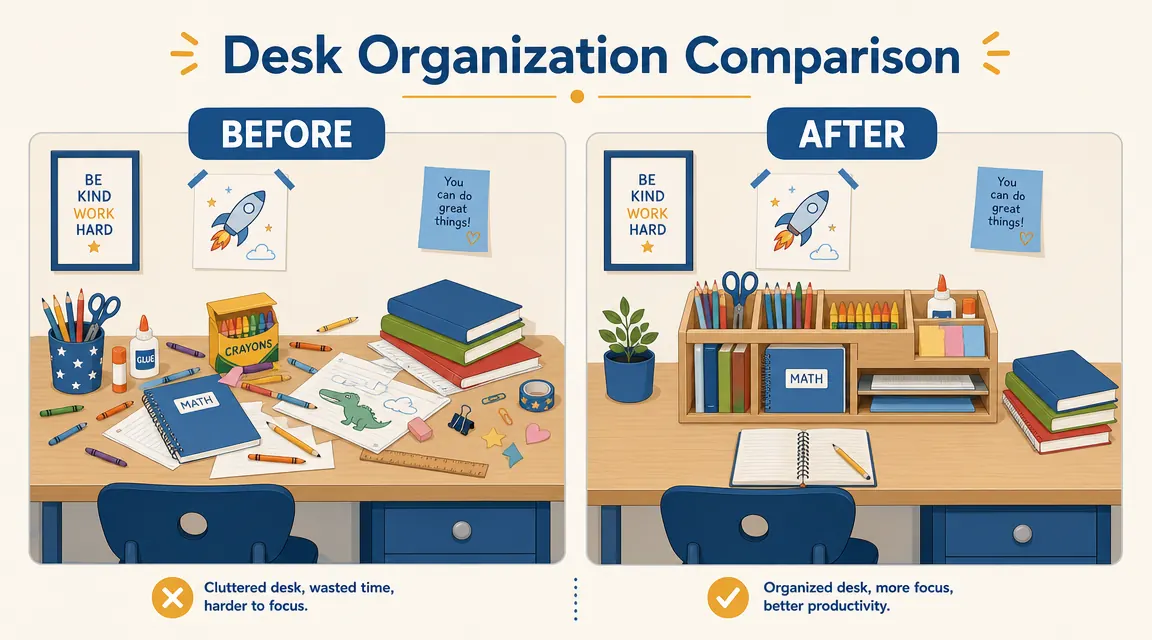 Before-and-after split of a messy desk versus a tidy desk with a wooden organizer