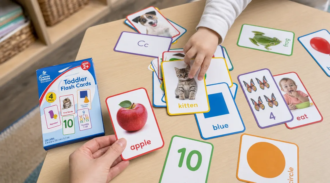 Close-up of Carson Dellosa toddler flash cards fanned out on a classroom table showing alphabet, numbers, and sight word cards
