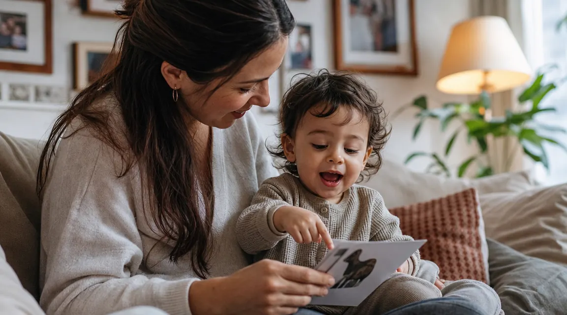 Toddler and parent on a couch together going through a set of flash cards with the child pointing at a card and smiling