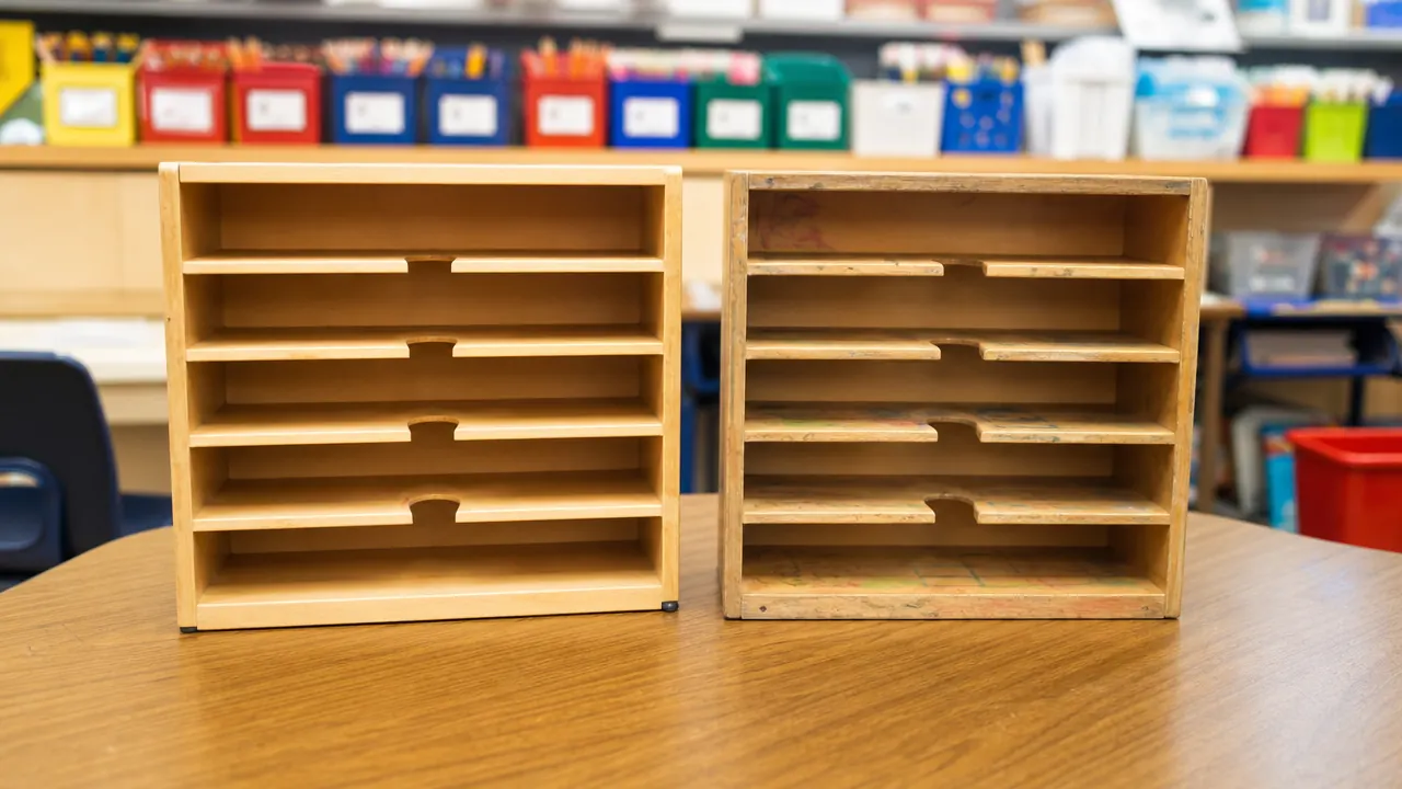 Side-by-side photo of two desk organizers, one new and one after several months of classroom use, showing minimal wear