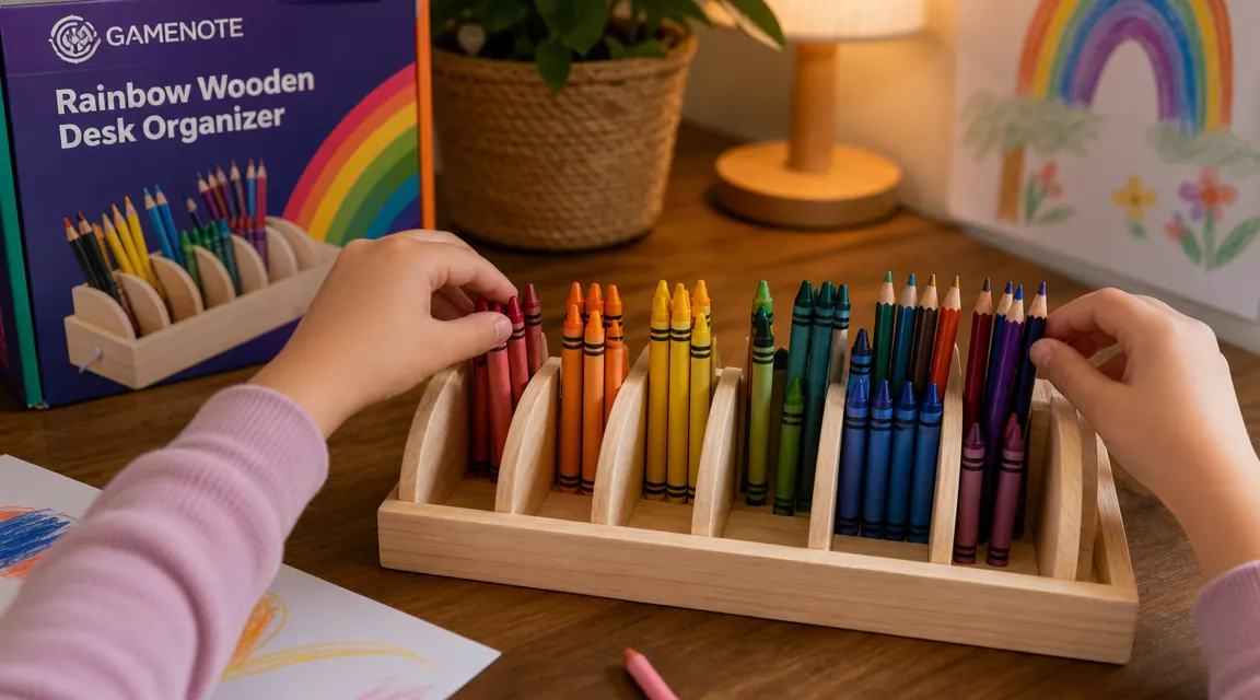 Close-up of a child placing colored pencils into the GAMENOTE Rainbow Wooden Desk Organizer compartments