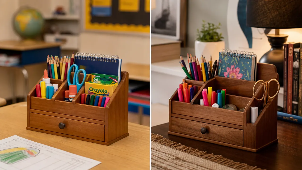 Two GAMENOTE wooden desk organizers side by side, one at school and one at a home study desk, showing consistent organization in both settings