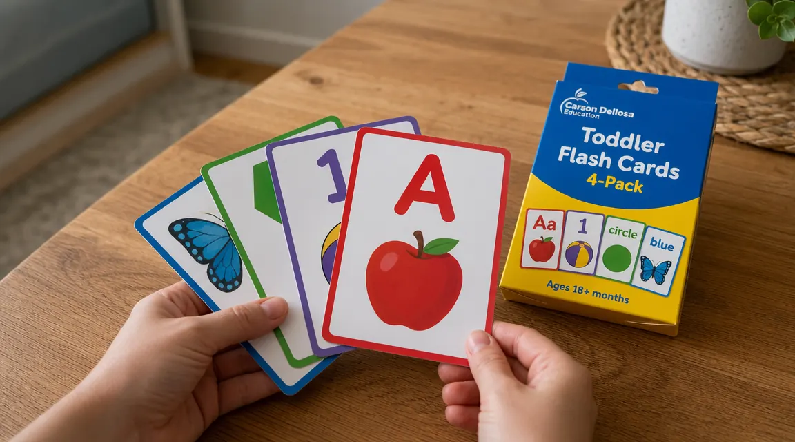 Carson Dellosa Toddler Flash Cards 4-Pack fanned out on a wooden table, showing colorful alphabet and number cards
