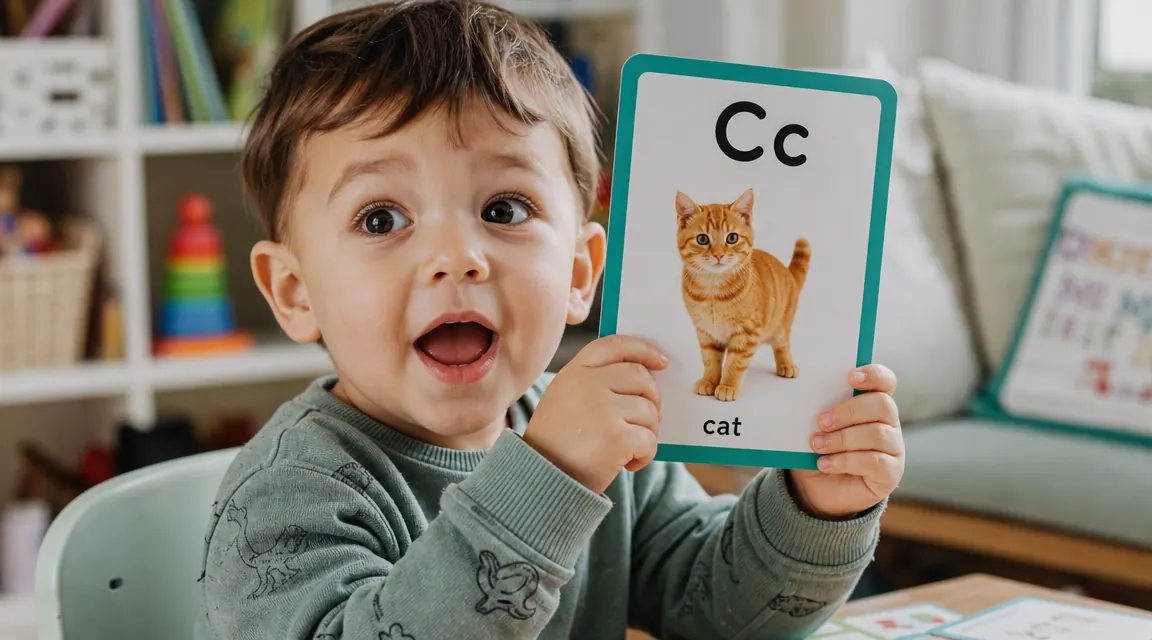 Child holding a flash card up proudly, making an excited expression, clearly recognizing a word or letter
