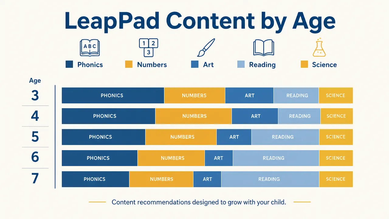 Chart showing recommended LeapFrog LeapPad content categories by age from 3 to 7