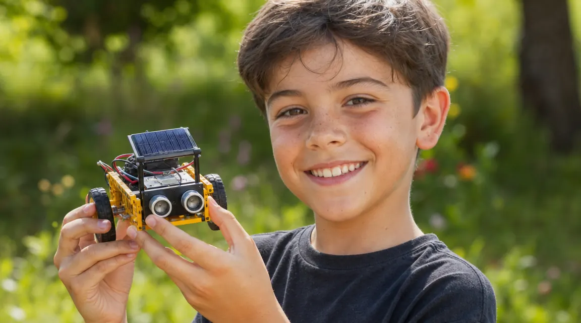 A child holding up a completed solar robot outdoors in sunlight, smiling