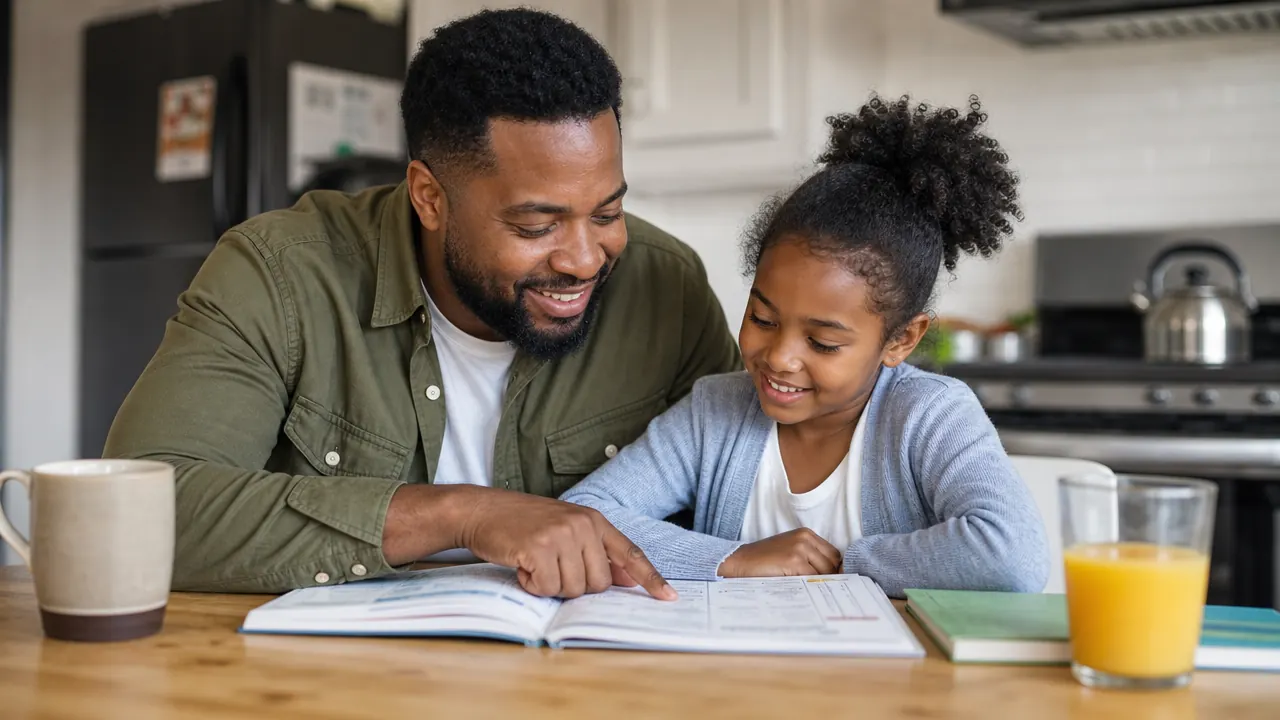 A parent and child reviewing a completed workbook page together at the kitchen table, smiling