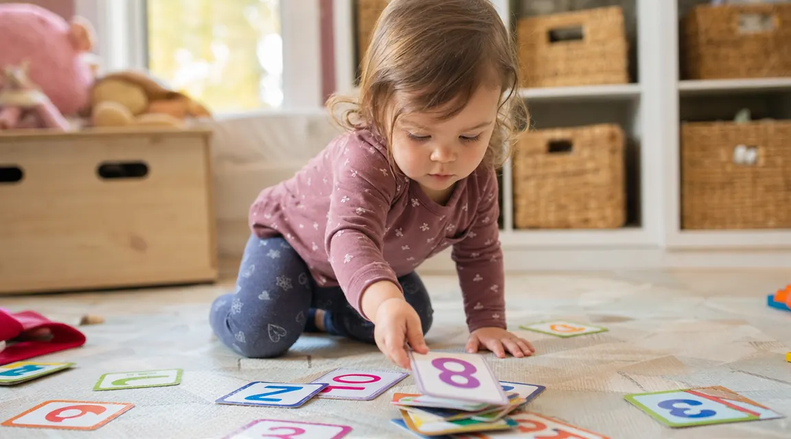 Toddler girl placing a number flash card into a sorting pile on the floor during a matching game