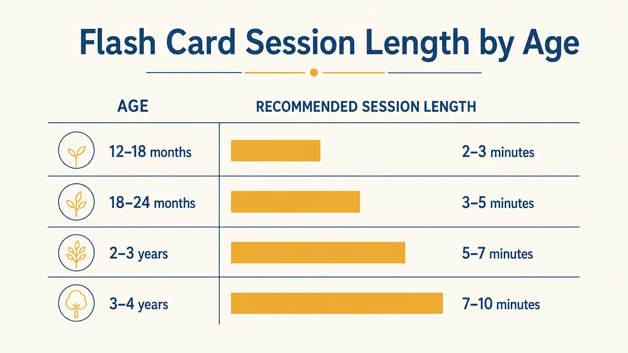Chart showing recommended flash card session length by toddler age from 12 months to 4 years