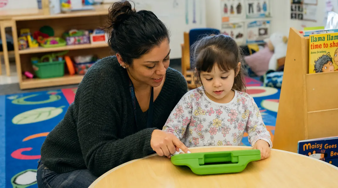 Teacher kneeling beside a small child who is using a learning tablet at a low classroom table, both looking at the screen together