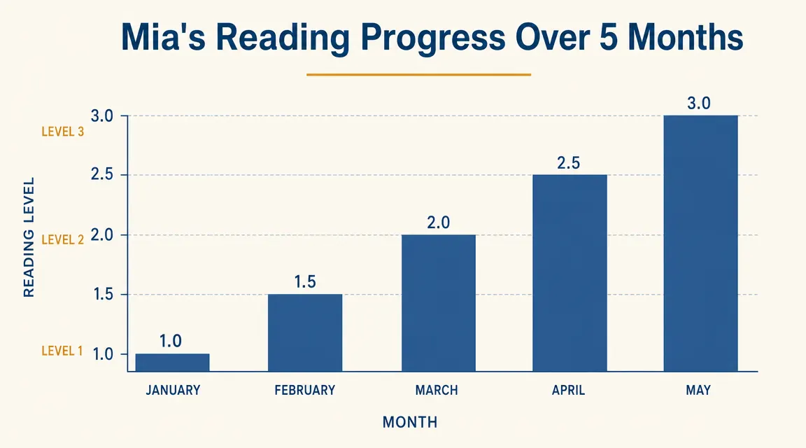 Chart showing a child's reading level progress over five months of daily tablet learning sessions