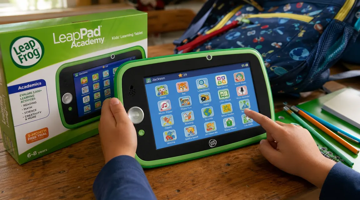 LeapFrog LeapPad Academy tablet next to a children's backpack and school supplies on a table