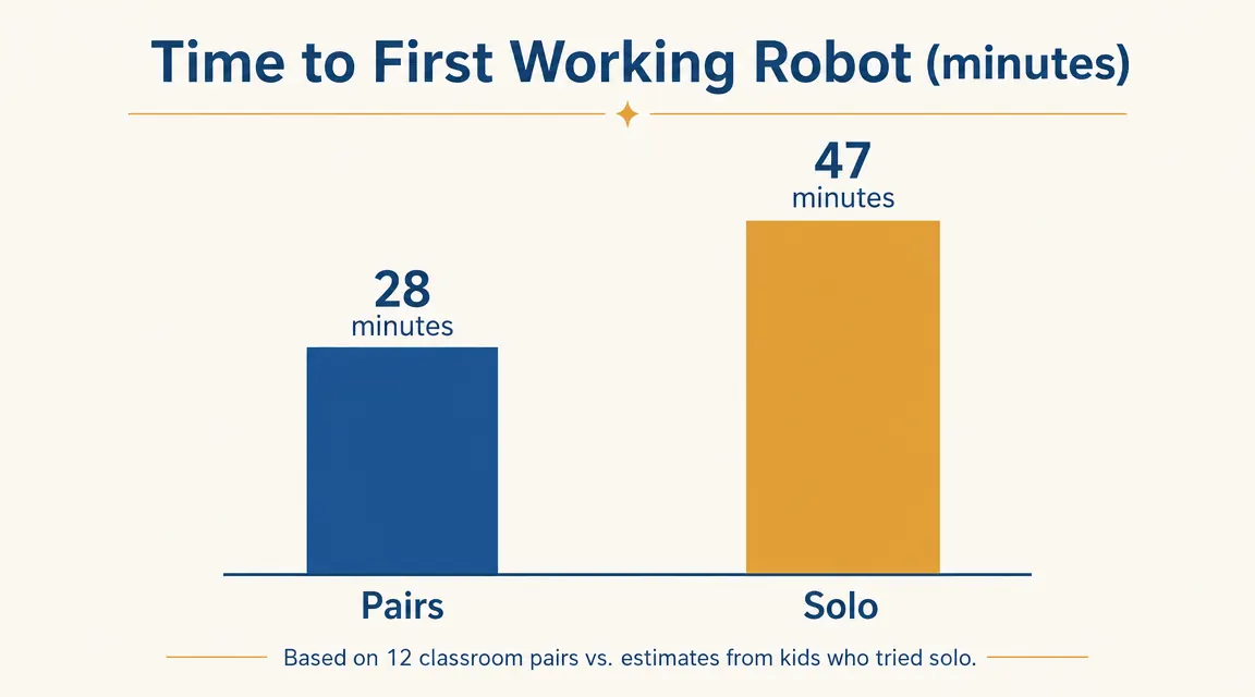 Chart showing time-to-first-success for student pairs versus working alone on the solar robot kit