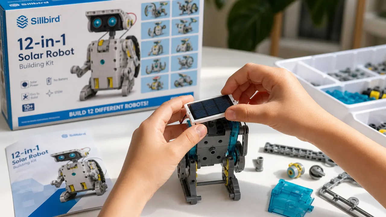 Close-up of hands connecting a small solar panel to a robot chassis on a white surface, colorful plastic parts in the background