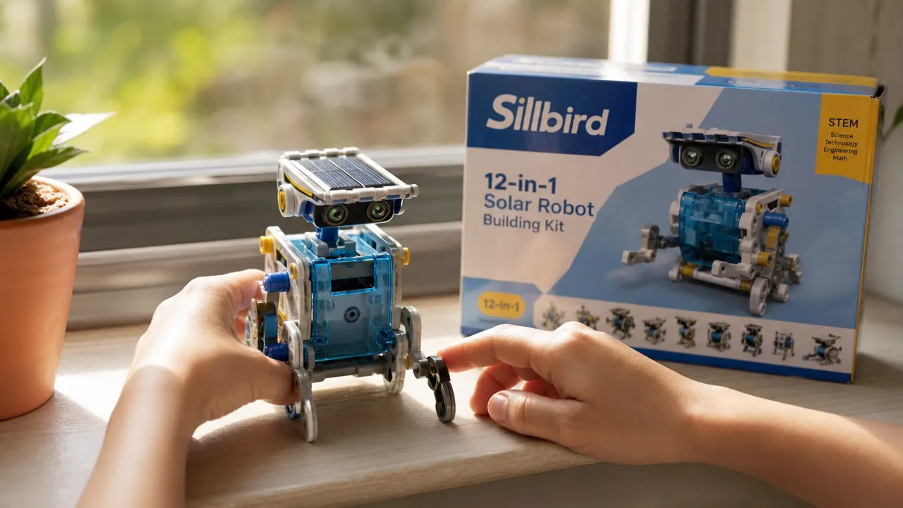 A completed Sillbird solar robot sitting on a sunny windowsill, its solar panel angled toward the light